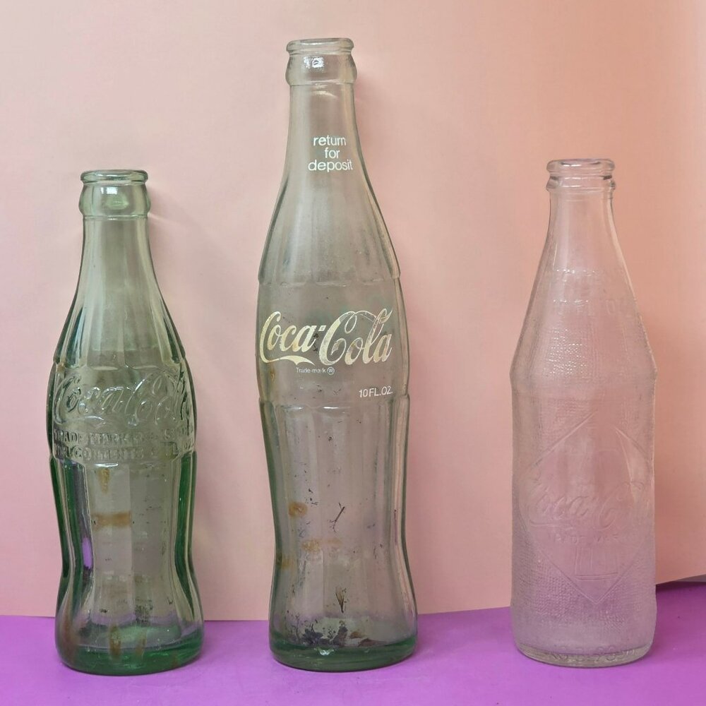 Vintage Coca-Cola & Coke Glass Bottles Assorted 3 Embossed & Printed Logos
